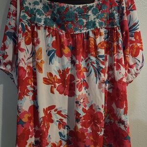 Savanna Jane Boho Embroidered Floral Off-Shoulder Top in White and Red 1X
